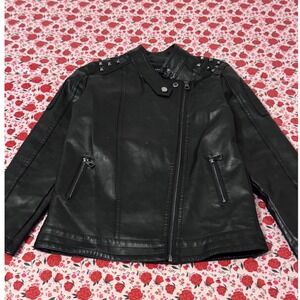 Lausons Womens Black Faux Leather Studded Moto Biker Jacket Asymmetrical Zip a3